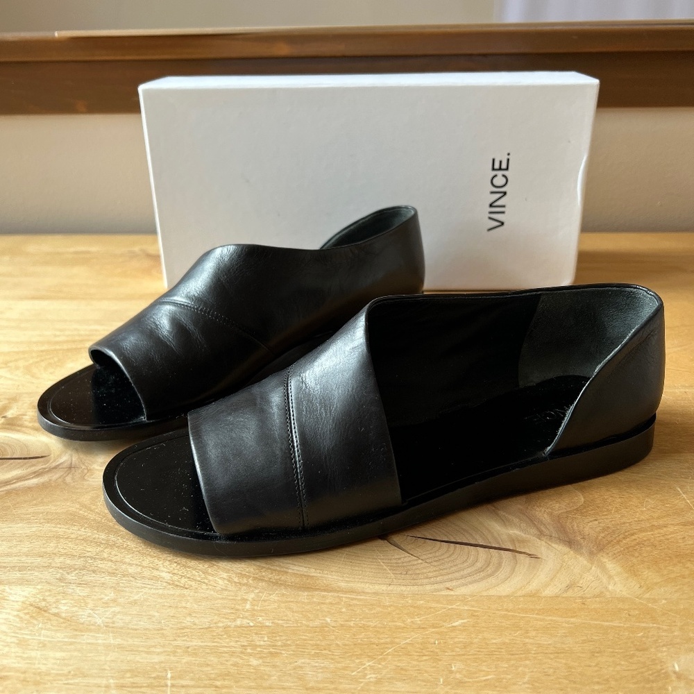 Vince Black Open-Toe Leather Loafers